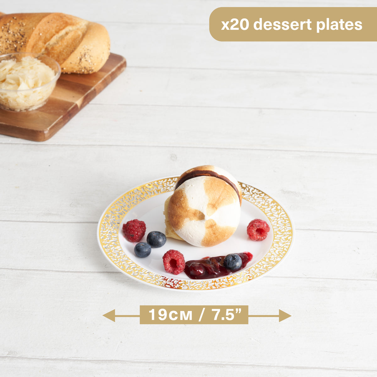 White Plastic Dessert Plates with Gold Rim (19cm)