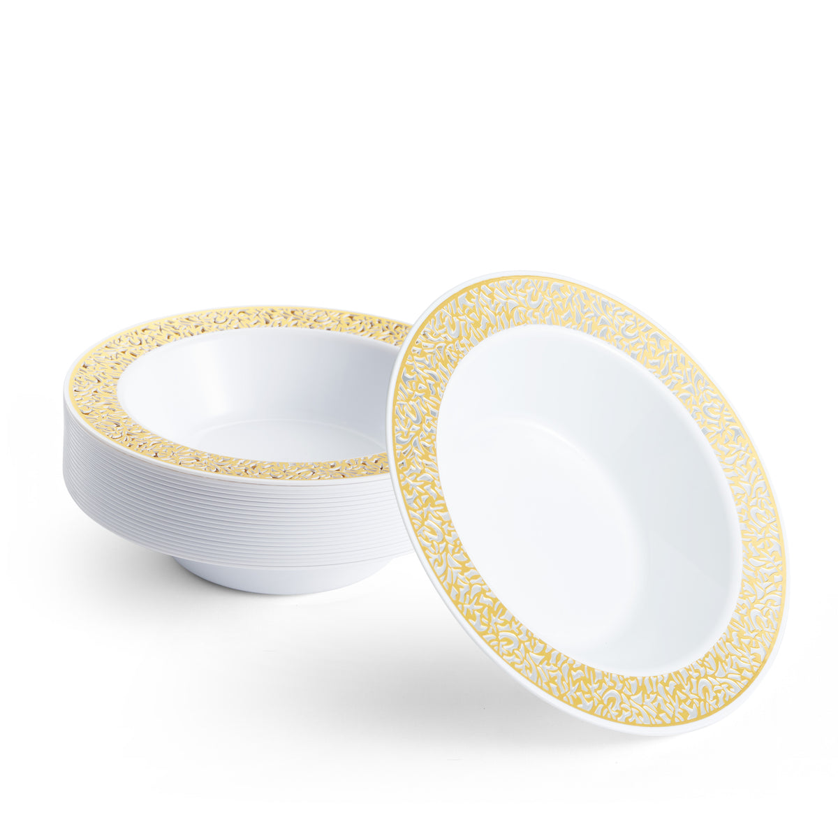 White Plastic Bowls with Gold Lace Rim (360ml)