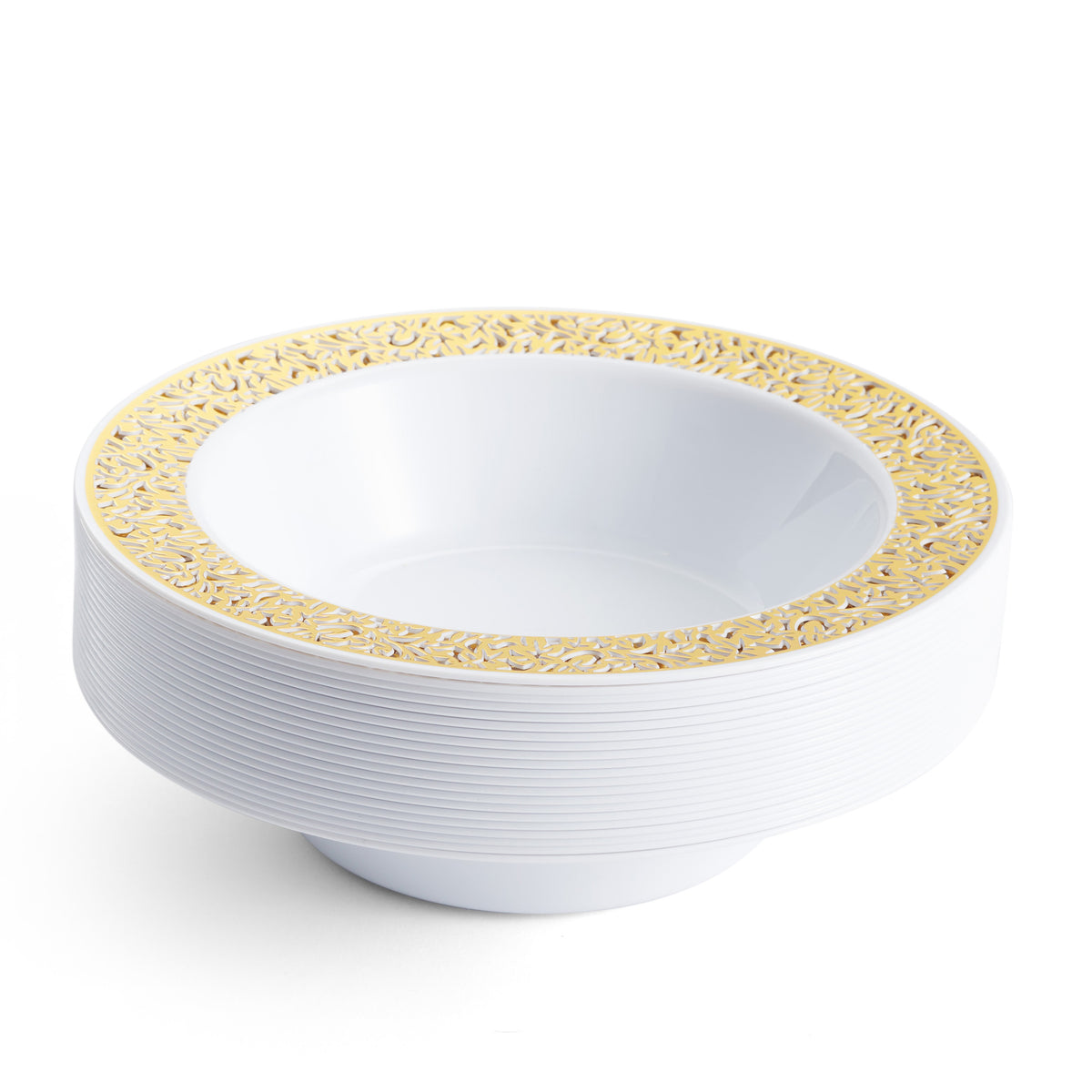 White Plastic Bowls with Gold Lace Rim (360ml)