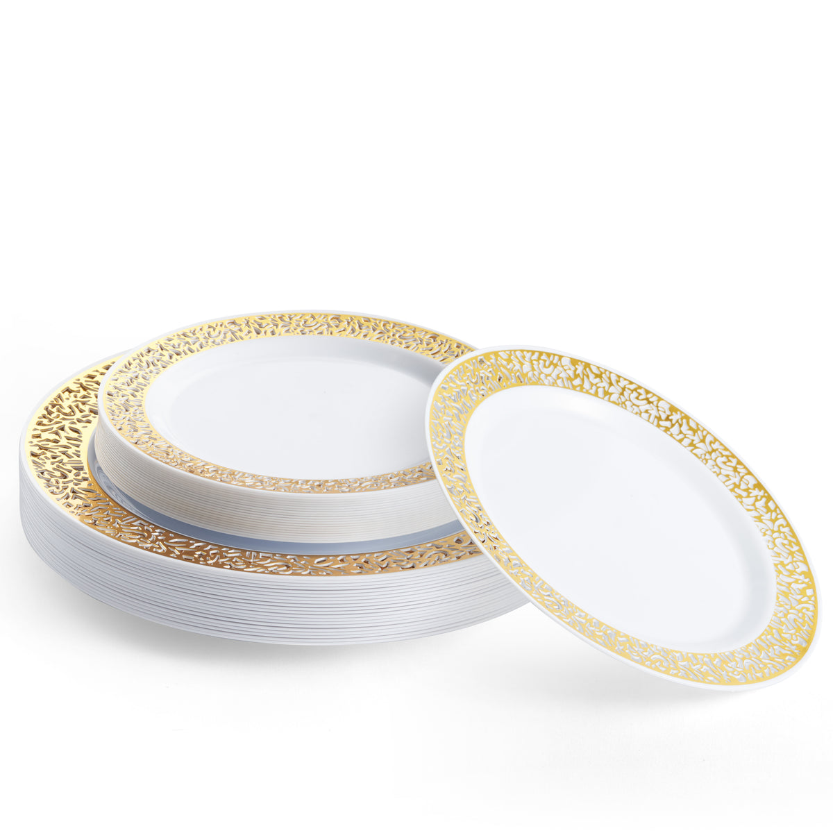 White Plastic Tableware Set with Gold Lace Rim