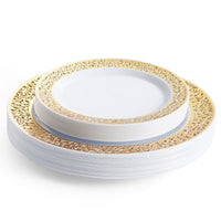 White Plastic Tableware Set with Gold Lace Rim