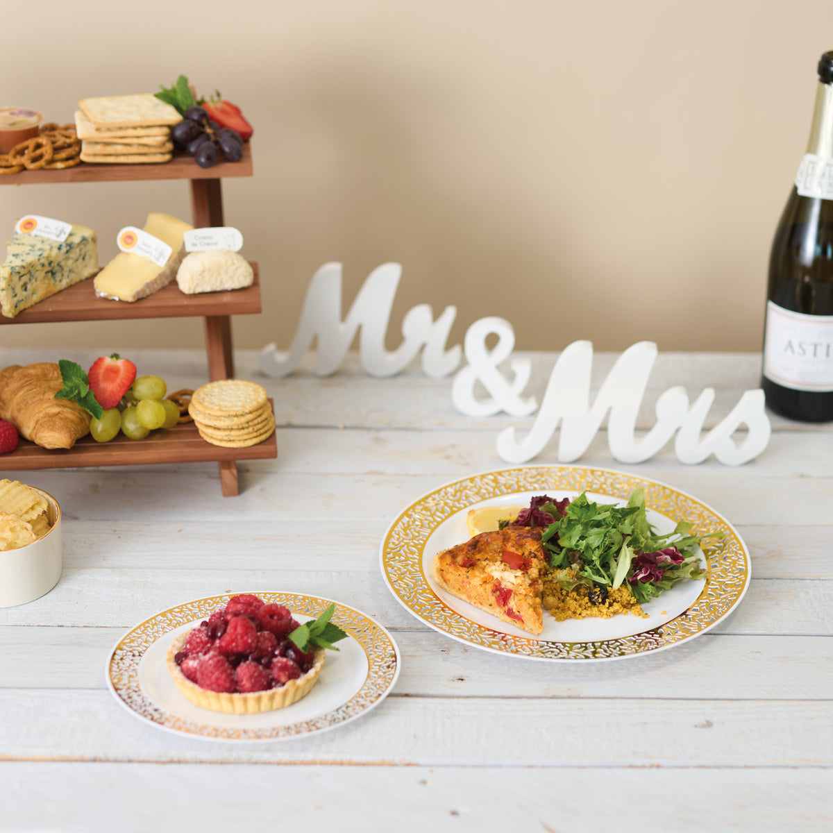 White Plastic Tableware Set with Gold Lace Rim