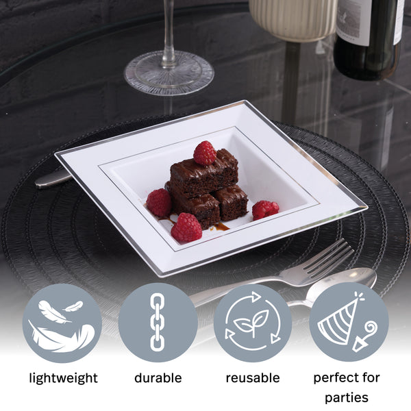 Square White Plastic Bowls with Silver Rim (350ml)