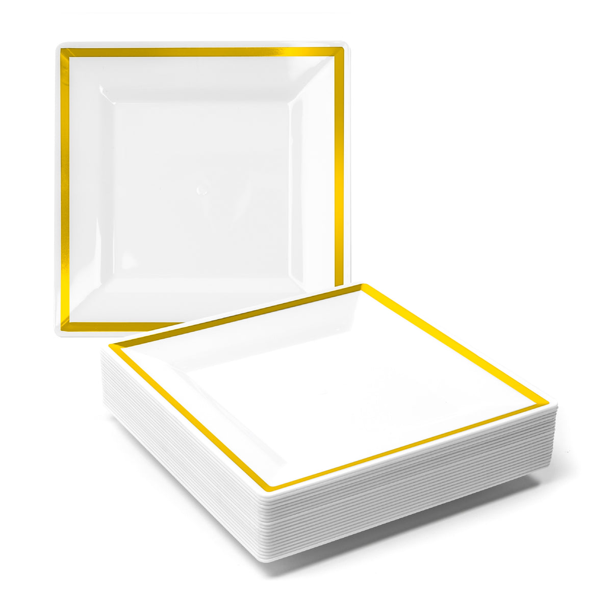 Square White Plastic Dessert Plates with Gold Rim (16.5cm)