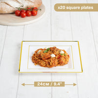 Square White Plastic Dinner Plates with Gold Rim (24cm)