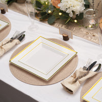 Square White Plastic Dinner Plates with Gold Rim (24cm)