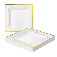 Square White Plastic Dinner Plates with Gold Rim (24cm)