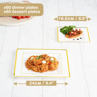 Square White Plastic Plate Set with Gold Rim