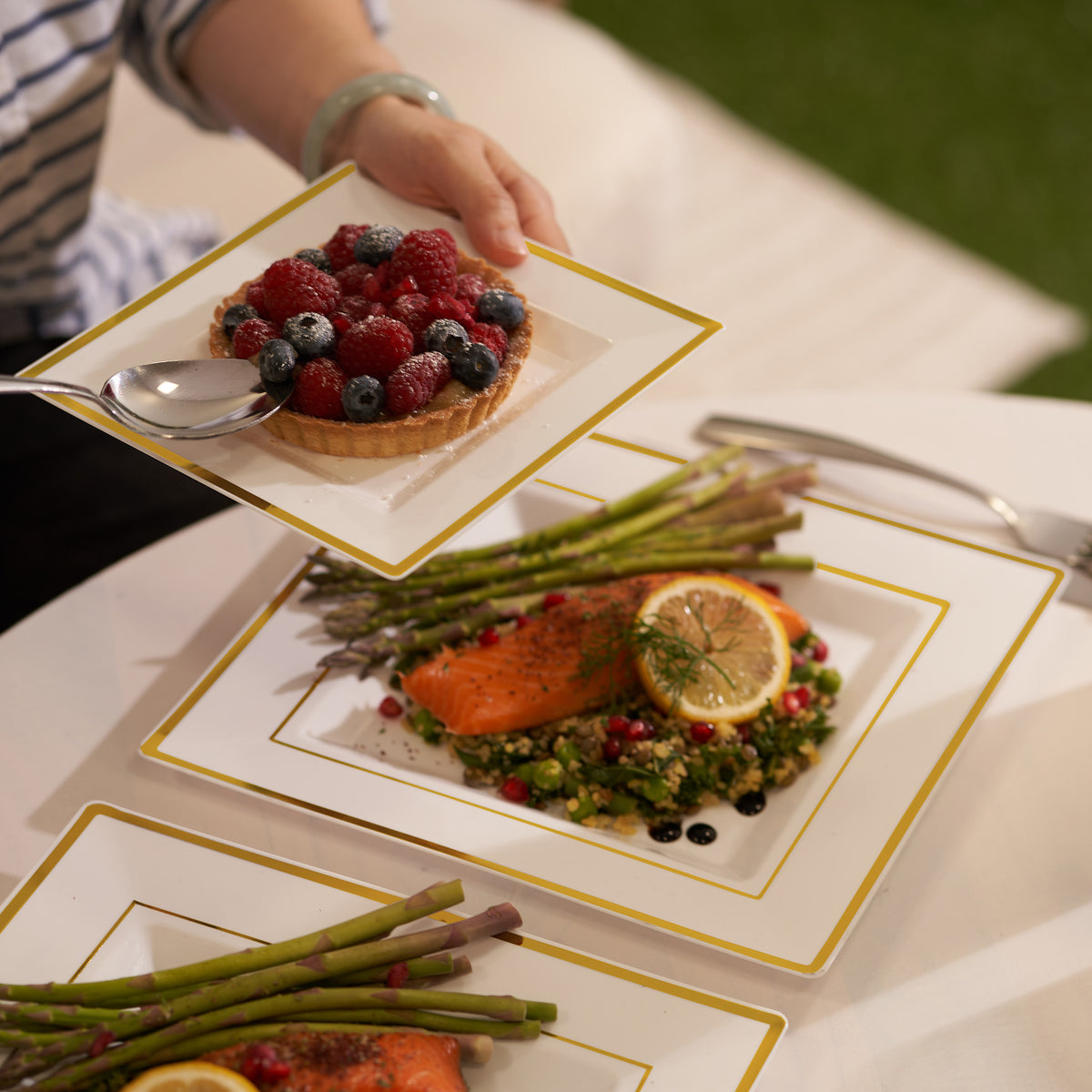 Square White Plastic Plate Set with Gold Rim