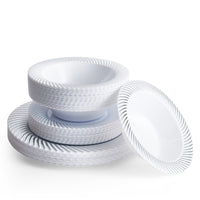 White Plastic Tableware Set with Silver Rim