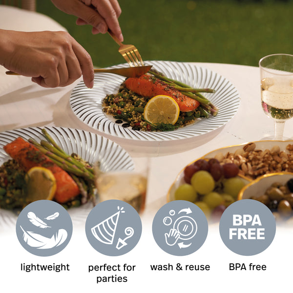 White Plastic Dinner Plates with Silver Rim (25cm)