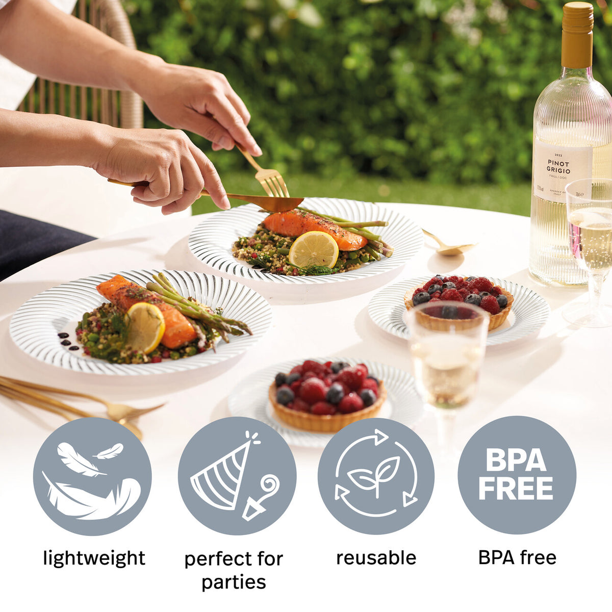 White Plastic Plate Set with Silver Rim – Reusable 25cm & 18cm Party Plates - 40 Pack