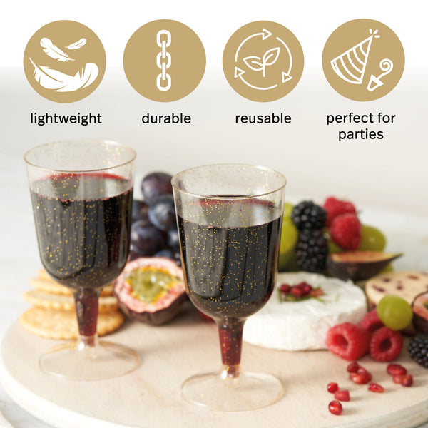 Gold Glitter Plastic Wine Glasses (180ml)