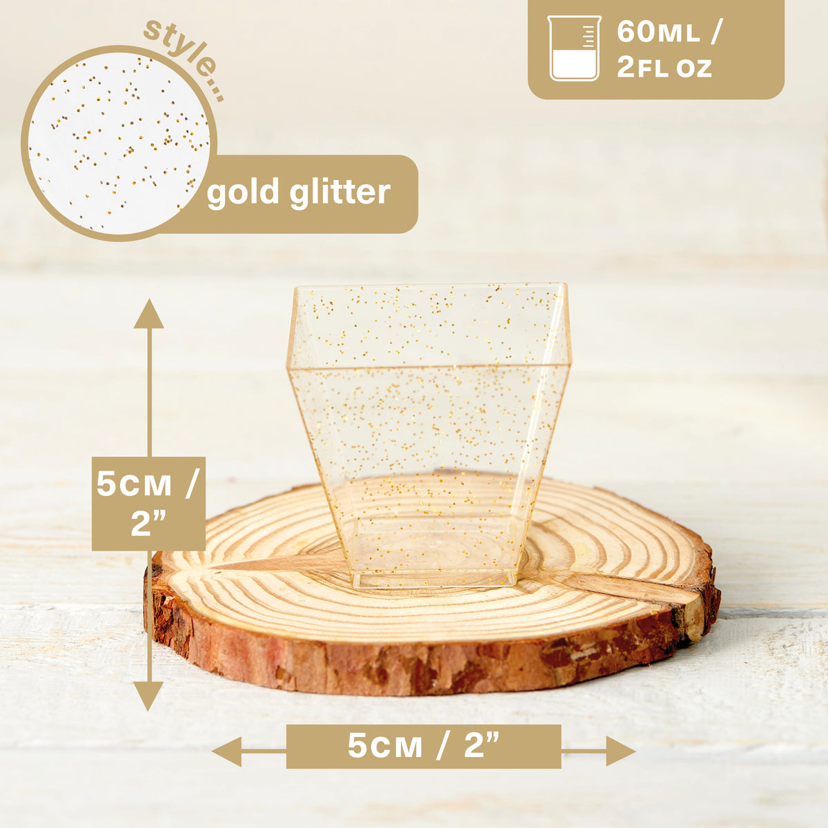 Reusable Plastic Gold Glitter Dessert Pots (60ml)