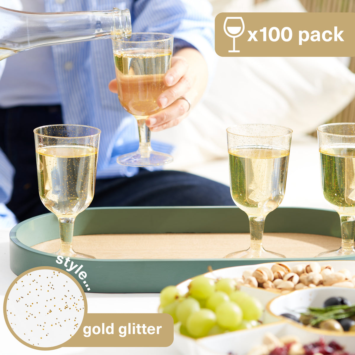 Gold Glitter Plastic Wine Glasses (180ml)