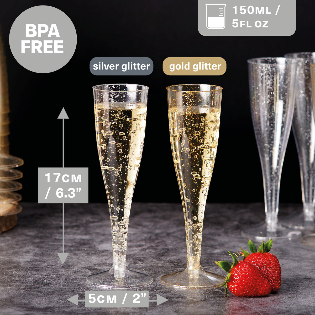 Reusable Plastic Gold & Silver Champagne Flutes (133ml)