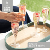 Reusable Plastic Gold & Silver Champagne Flutes (133ml)