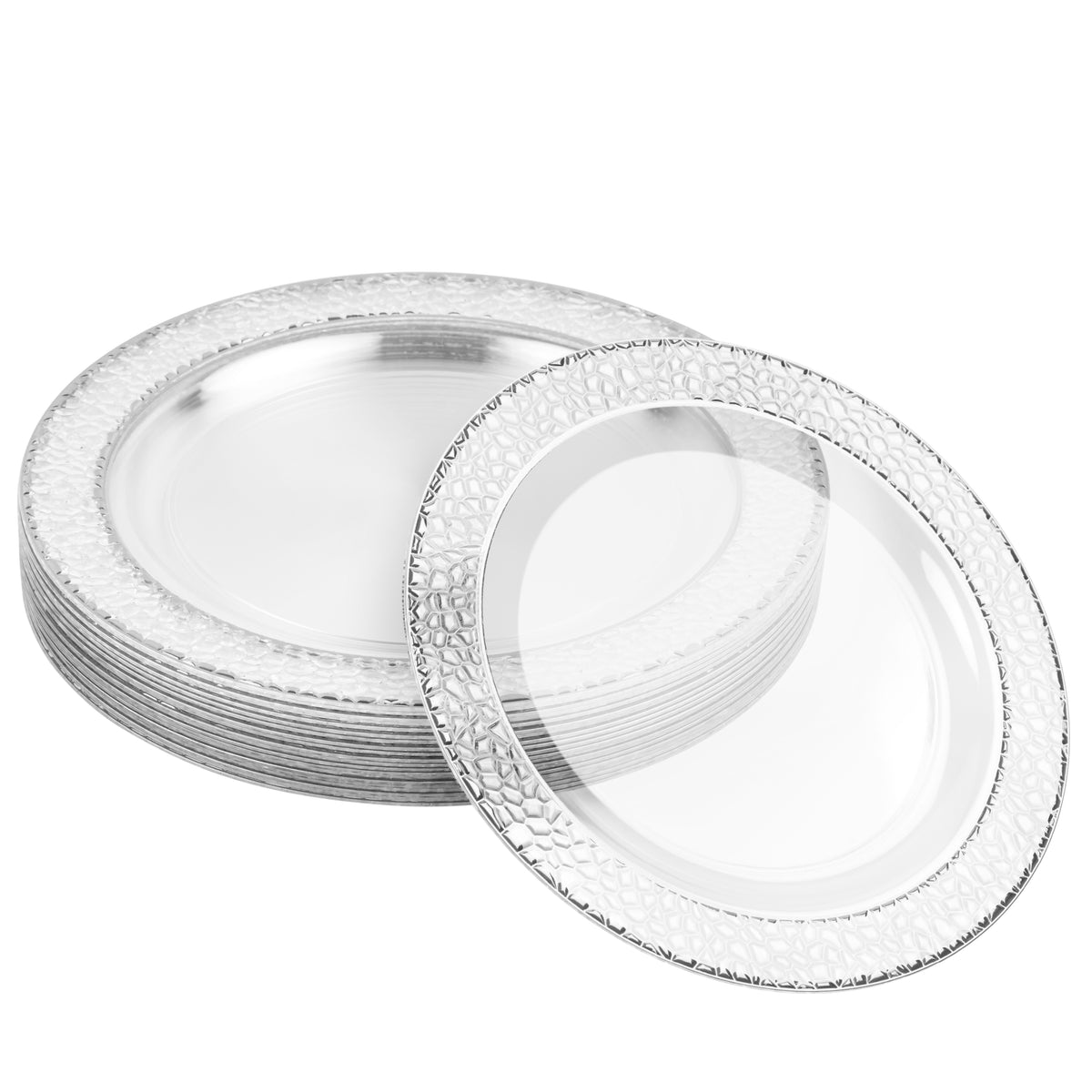 Plastic Dessert Plates with Hammered Silver Rim (19cm)