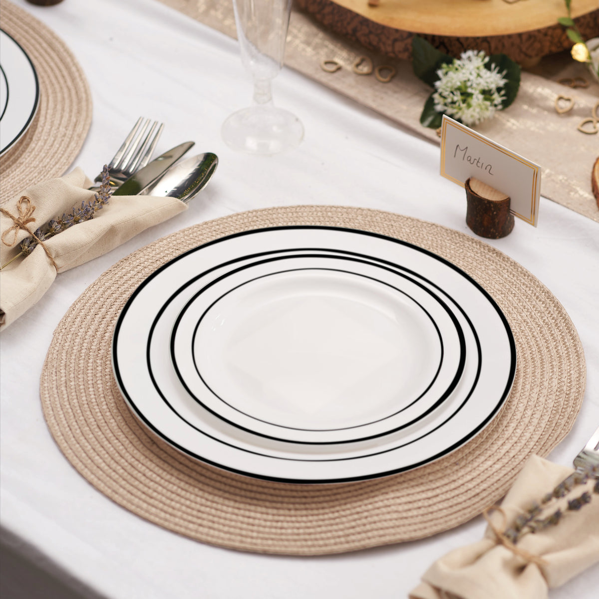 White Plastic Plate Set with Black Rim