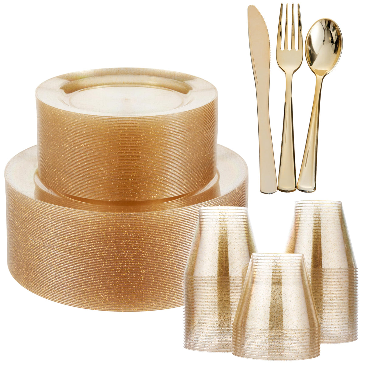 Reusable Gold Glitter Dinnerware Set – Plates, Cups & Cutlery - 360 Pack