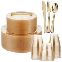 Reusable Gold Glitter Dinnerware Set – Plates, Cups & Cutlery - 360 Pack