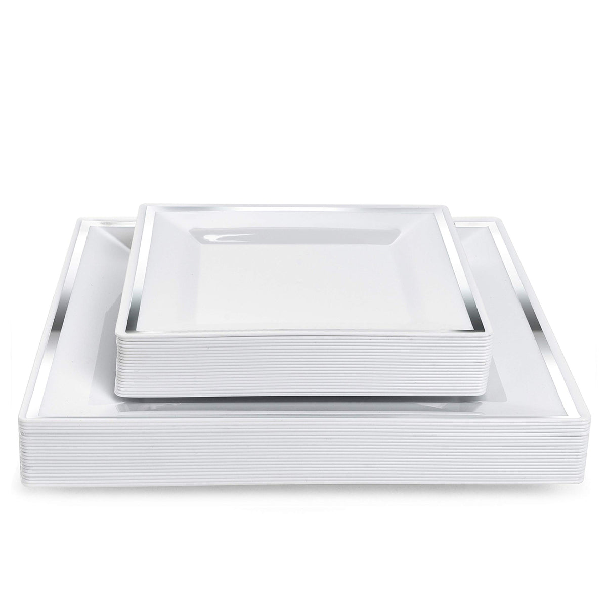 Square Reusable Plastic Silver Rim Plate Set