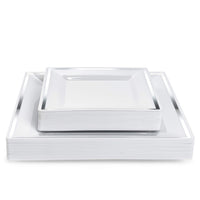 Square Reusable Plastic Silver Rim Plate Set