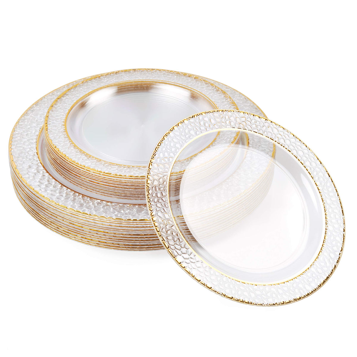 Reusable Plastic Plate Set, Transparent with Hammered Gold Rim Design