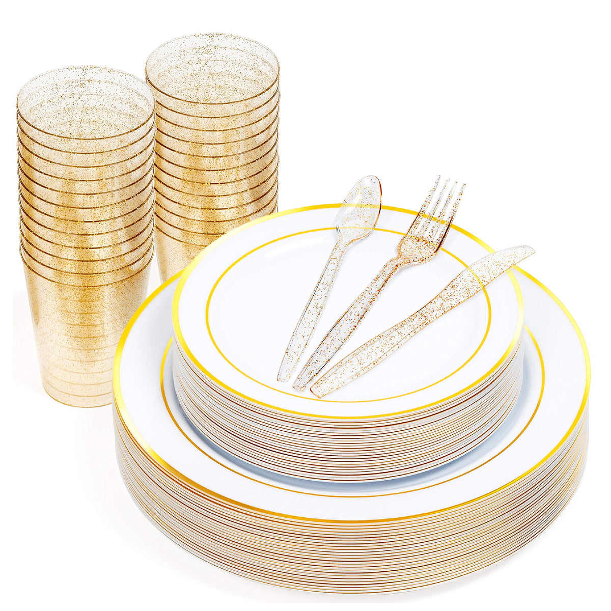 Reusable Plastic Gold Glitter Party Set