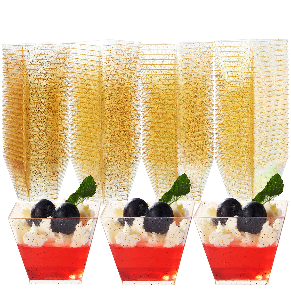 Reusable Plastic Gold Glitter Dessert Pots (60ml)