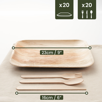 Square Palm Leaf Plates with Wooden Cutlery Sets