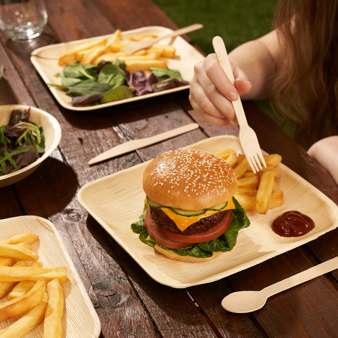 Square Palm Leaf Plates with Wooden Cutlery Sets