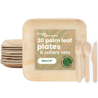 Square Palm Leaf Plates with Wooden Cutlery Sets